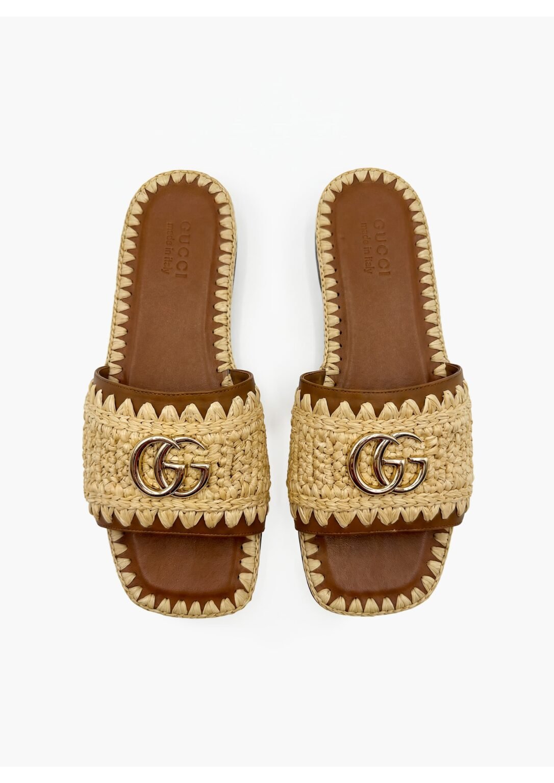 Gucci Double G leather and raffia slides