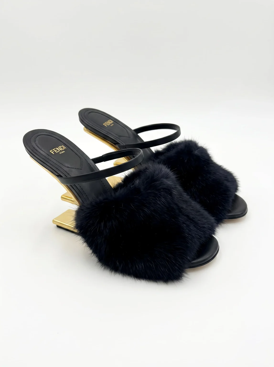 Fendi First Black Mink High-Heeled Sandals