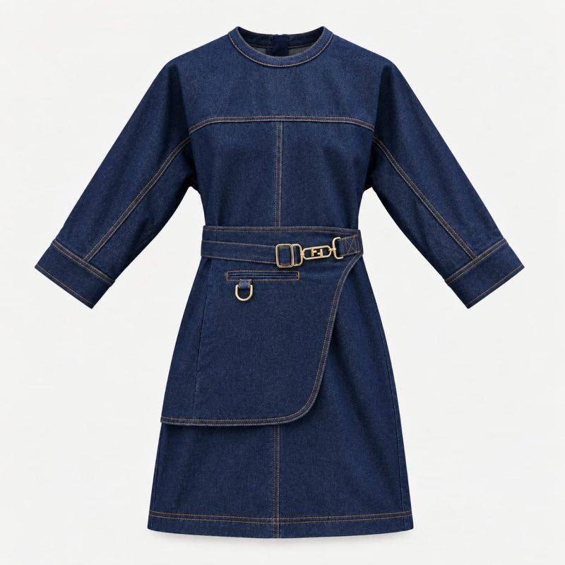 Fendi Blue Denim Long Sleeve Dress with FF Logo Belt
