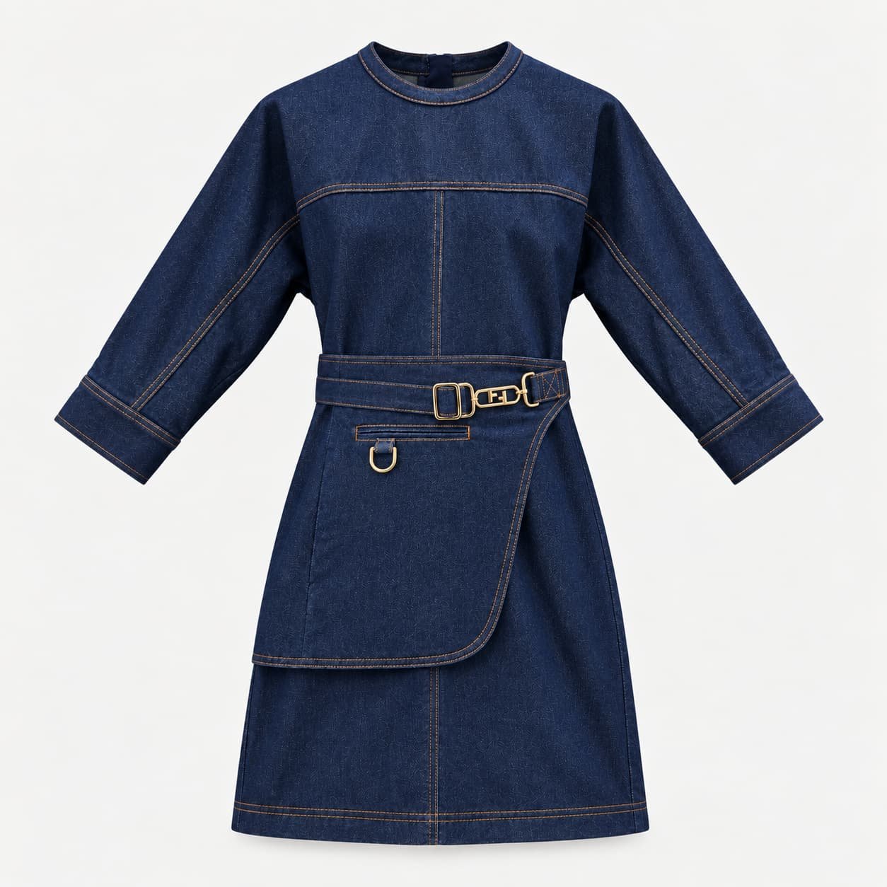 Fendi Blue Denim Long Sleeve Dress with FF Logo Belt